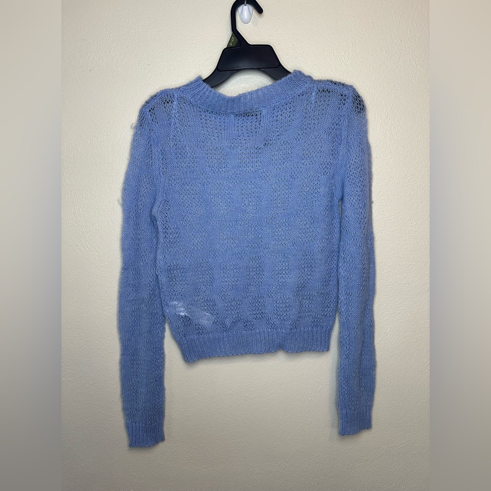 Zara Womens Knitted Sweater Pullover Feather Fringe Size M Blue Wool Blend - Picture 6 of 11